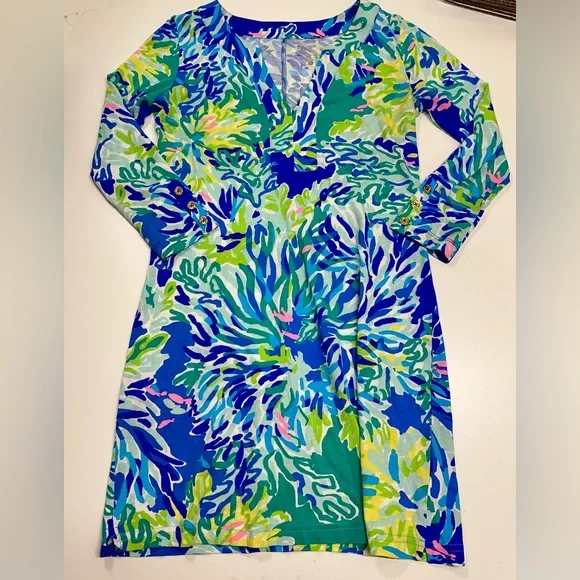 Lilly Pulitzer Riva Dress in Wade and Sea Brilliant Blue Print Pima Cotton - Picture 7 of 12